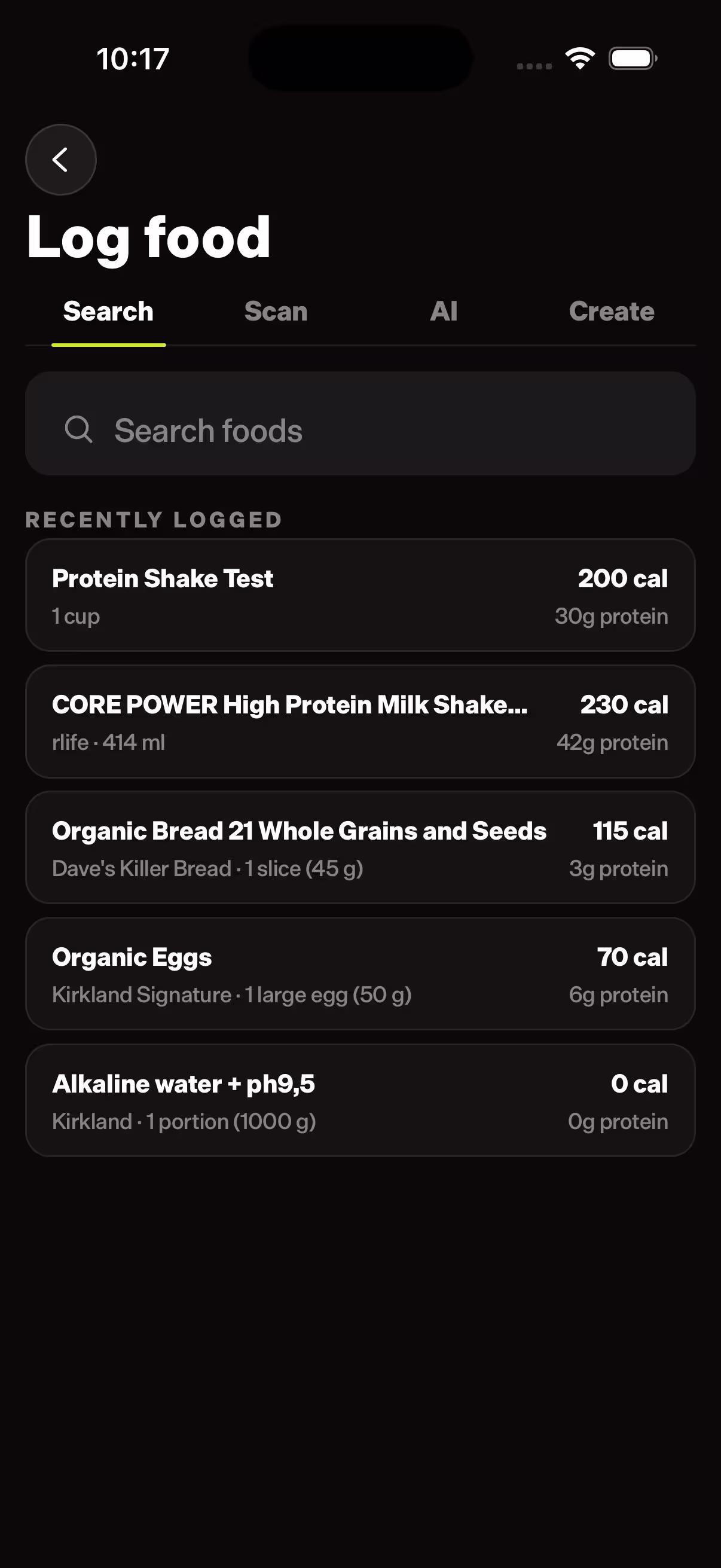 Search & log nutrition screen