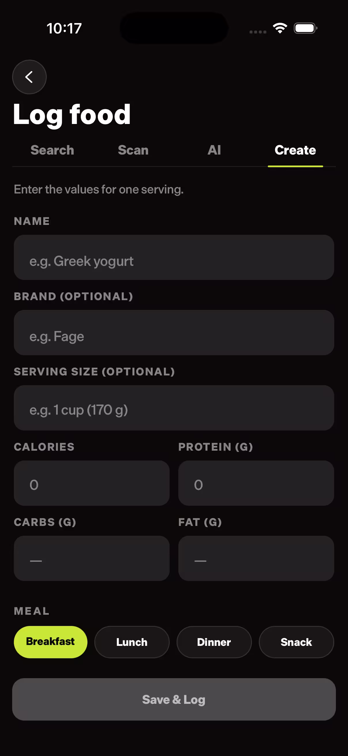 Checkfit food logging screen